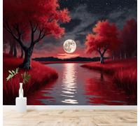 XLMING 3D Papier Peint Poétique Forêt Rouge Rivière Pleine Lune Ciel Étoilé | Soie Texturée Haut de Gamme Idéale Pour le Bureau la Salle à Manger Salon Chambre Canapé et Décoration Murale-150cm×105cm