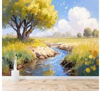 XLMING 3D Papier Peint Printemps Paysage Ensoleillé Arbres Rivière Prairie | Soie Texturée Haut de Gamme Idéale Pour le Bureau la Salle à Manger Salon Chambre Canapé et Décoration Murale-300cm×210cm