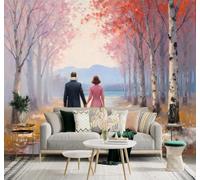 XLMING 3D Papier Peint Romantique Couple En Promenade Forêt En Automne Lac | Soie Texturée Haut de Gamme Idéale Pour le Bureau la Salle à Manger Salon Chambre Canapé et Décoration Murale-300cm×210cm