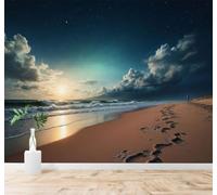 XLMING 3D Papier Peint Soirée Plage Empreintes De Pas Vagues Ciel Étoilé | Soie Texturée Haut de Gamme Idéale Pour le Bureau la Salle à Manger Salon Chambre Canapé et Décoration Murale-250cm×170cm