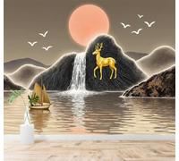 XLMING 3D Papier Peint Sommets Lacs Cascades Cerfs Dorés Paysages Naturels | Soie Texturée Haut de Gamme Idéale Pour le Bureau la Salle à Manger Salon Chambre Canapé et Décoration Murale-400cm×280cm