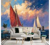 XLMING 3D Papier Peint Vagues Voiliers Lever De Soleil Ciel Mouettes | Texture Soyeuse Haut de Gamme Adaptée au Bureau à la Salle Manger au Coin Canapé Chambre Salon et Mur Derrière TV-250cm×170cm