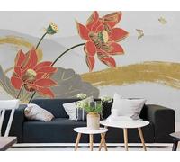 XLMING Abstrait Doré Rouge Lotus Papillon Papier Peint 3D Soie De Luxe Intissé Bureau Salle à Manger Canapé Chambre Salon TV Mural Décoratif-350cm×256cm