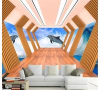 XLMING Abstrait Extension De L'Espace Géométrie Paysage Marin Dauphins 3D Papier Peint Texture Soyeuse Intissé Salle à Manger Bureau D'étude Canapé Chambre Salon TV Mur-150cm×105cm