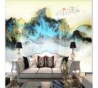 XLMING Abstrait Peint À La Main Couleurs Lignes Ondulées Montagnes Oiseaux En Vol 3D Papier Peint Texture Soyeuse Intissé Salle à Manger Bureau D'étude Canapé Chambre Salon TV Mur-350cm×256cm