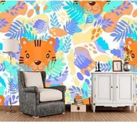 XLMING Animaux De Bande Dessinée Tigre Jardinage Feuille 3D Papier Peint Texture Soyeuse Intissé Salle à Manger Bureau D'étude Canapé Chambre Salon TV Mur-300cm×210cm