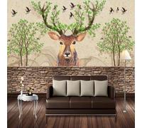 XLMING Animaux Élan Oiseaux Fraîcheur Arbres Verts Mur De Pierre 3D Papier Peint Texture Soyeuse Intissé Salle à Manger Bureau D'étude Canapé Chambre Salon TV Mur-430cm×300cm