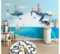 XLMING Aquarelle Créative De La Mer Baleine Et Phare 3D Papier Peint Premium Texturé Soie Bureau Salle à Manger Salon Chambre Coucher Canapé TV Mur-400cm×280cm