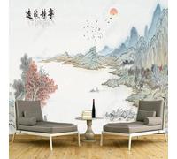 XLMING Aquarelle Dessin À La Main Montagnes Rivière Lever Du Soleil Oiseaux 3D Papier Peint Texture Soyeuse Intissé Salle à Manger Bureau D'étude Canapé Chambre Salon TV Mur-250cm×170cm