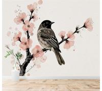 XLMING Aquarelle Petits Oiseaux Fleurs De Cerisier Nature Art 3D Papier Peint Premium Texturé Soie Bureau Salle à Manger Salon Chambre Coucher Canapé TV Mur-200cm×140cm