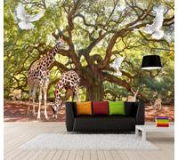 XLMING Arbre Vert En Trois Dimensions Girafe Oiseaux En Vol 3D Papier Peint Premium Texturé Soie Bureau Salle à Manger Salon Chambre Coucher Canapé TV Mur-250cm×170cm