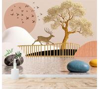 XLMING Arbres Dorés Petit Pont Cerf Doré Coucher De Soleil Oiseaux Paysage 3D Papier Peint Texture Soyeuse Intissé Salle à Manger Bureau Canapé Chambre Salon TV Mur-250cm×170cm