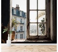 XLMING Architecture Ancienne Bonsaï Feuilles De Palmier Style Rustique Fenêtre Paysage 3D Papier Peint Texture Soyeuse Intissé Salle à Manger Bureau Canapé Chambre Salon TV Mur-350cm×256cm