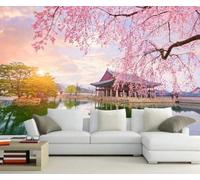 XLMING Architecture Élégante Au Lever Du Soleil Fleurs Au Bord Du Lac 3D Papier Peint Texture Soyeuse Intissé Salle à Manger Bureau D'étude Canapé Chambre Salon TV Mur-400cm×280cm