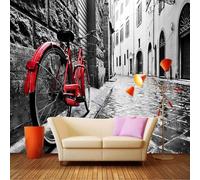 XLMING Architecture Rétro Grise Vélo Rouge 3D Papier Peint Texture Soyeuse Intissé Salle à Manger Bureau D'étude Canapé Chambre Salon TV Mur-300cm×210cm