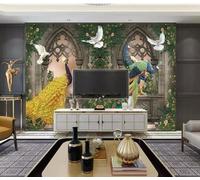 XLMING Architecture Rétro Oiseaux Volants Paons Vignes Papier Peint 3D Soie De Luxe Intissé Bureau Salle à Manger Canapé Chambre Salon TV Mural Décoratif-200cm×140cm