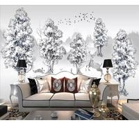 XLMING Art Peint À La Main Noir Et Blanc Forêt Orignal Oiseau Volant 3D Papier Peint Texture Soyeuse Intissé Salle à Manger Bureau D'étude Canapé Chambre Salon TV Mur-150cm×105cm