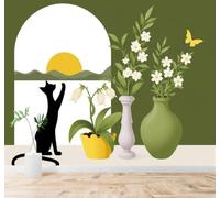 XLMING Au Coucher Du Soleil Près De La Fenêtre Chat Noir Fleurs Papillons 3D Papier Peint Premium Texturé Soie Bureau Salle à Manger Salon Chambre Coucher Canapé TV Mur-400cm×280cm