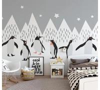 XLMING Bande Dessinée Noir Et Blanc Géométrique Montagne Enneigée Pingouin Papier Peint 3D Soie De Luxe Intissé Bureau Salle à Manger Canapé Chambre Salon TV Mural Décoratif-200cm×140cm