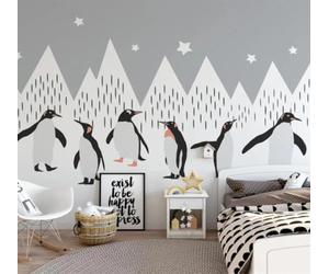 XLMING Bande Dessinée Noir Et Blanc Géométrique Montagne Enneigée Pingouin Papier Peint 3D Soie De Luxe Intissé Bureau Salle à Manger Canapé Chambre Salon TV Mural Décoratif-200cm×140cm
