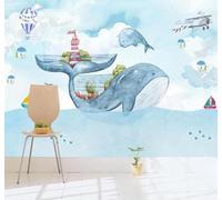 XLMING Bandes Dessinées Aquarelle Baleine Avion Montgolfière 3D Papier Peint Texture Soyeuse Intissé Salle à Manger Bureau D'étude Canapé Chambre Salon TV Mur-350cm×256cm
