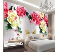 XLMING Bas Relief Couleurs Pivoines Cygnes Lac Papillons 3D Papier Peint Texture Soyeuse Intissé Salle à Manger Bureau D'étude Canapé Chambre Salon TV Mur-150cm×105cm
