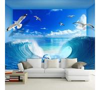 XLMING Beau Ciel Bleu Nuages Blancs Vagues Dauphins Oiseaux En Vol 3D Papier Peint Texture Soyeuse Intissé Salle à Manger Bureau D'étude Canapé Chambre Salon TV Mur-200cm×140cm