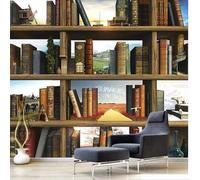 XLMING Beau Ciel Prairie Bois Étagère Livres 3D Papier Peint Texture Soyeuse Intissé Salle à Manger Bureau D'étude Canapé Chambre Salon TV Mur-300cm×210cm