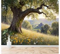 XLMING Beau Vieux Chêne Sur Une Prairie Fleurs Sauvages Vue Sur Un Château Au Loin 3D Papier Peint Texture Soyeuse Intissé Salle à Manger Bureau Canapé Chambre Salon TV Mur-200cm×140cm