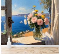 XLMING Beau Vue Sur La Mer Vase En Verre Composition Florale Yacht Devant La Fenêtre 3D Papier Peint Texture Soyeuse Intissé Salle à Manger Bureau Canapé Chambre Salon TV Mur-200cm×140cm
