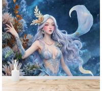XLMING Beauté Science Fiction Belle Femme Aux Cheveux Argentés Corail Océan Bleu 3D Papier Peint Premium Texturé Soie Bureau Salle à Manger Salon Chambre Coucher Canapé TV Mur-250cm×170cm