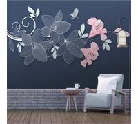 XLMING Beaux Petits Lys Frais Oiseaux Plantes Dessinés À La Main 3D Papier Peint Texture Soyeuse Intissé Salle à Manger Bureau D'étude Canapé Chambre Salon TV Mur-150cm×105cm