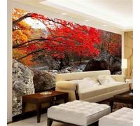 XLMING Belle Forêt Automnale Feuilles Rouges Pierres Ruisseau 3D Papier Peint Texture Soyeuse Intissé Salle à Manger Bureau D'étude Canapé Chambre Salon TV Mur-430cm×300cm