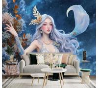XLMING Belle Science Fiction Belle Femme Aux Cheveux Argentés Corail Océan Bleu 3D Papier Peint Texture Soyeuse Intissé Salle à Manger Bureau Canapé Chambre Salon TV Mur-300cm×210cm