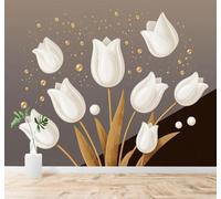 XLMING Belle Tulipe Blanche Feuilles Dorées Abstrait Perles 3D Papier Peint Premium Texturé Soie Bureau Salle à Manger Salon Chambre Coucher Canapé TV Mur-430cm×300cm