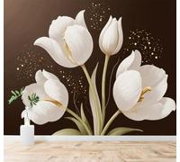 XLMING Belle Tulipe Blanche Fleur Touches Dorées Fond Marron 3D Papier Peint Premium Texturé Soie Bureau Salle à Manger Salon Chambre Coucher Canapé TV Mur-300cm×210cm