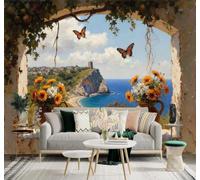 XLMING Bouquet Vase Papillon Fenêtre Mer Bleue 3D Papier Peint Premium Texturé Soie Bureau Salle à Manger Salon Chambre Coucher Canapé TV Mur-350cm×256cm