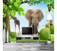 XLMING Cartoon Animaux Éléphant Lion Girafe Grand Arbre 3D Papier Peint Premium Texturé Soie Bureau Salle à Manger Salon Chambre Coucher Canapé TV Mur-250cm×170cm