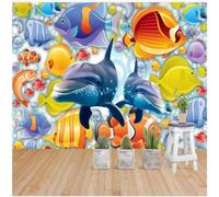 XLMING Cartoon Aquarelle Monde Sous Marin Profondeur De La Mer Dauphins Banc De Poissons 3D Papier Peint Texture Soyeuse Intissé Salle à Manger Bureau D'étude Canapé Chambre Salon TV Mur-400cm×280cm