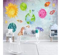 XLMING Cartoon Art Dessiné À La Main Earth Planet Astronaut Papier Peint 3D Soie Texturée Haut De Gamme Salon Canapé Chambre À Coucher Salle Manger Murale-200cm×140cm