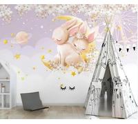 XLMING Cartoon Créatif Ciel Étoilé Lapin Fleurs 3D Papier Peint Texture Soyeuse Intissé Salle à Manger Bureau D'étude Canapé Chambre Salon TV Mur-430cm×300cm