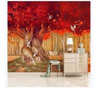 XLMING Cartoon Forêt Élan Oiseau Arbre Rouge 3D Papier Peint Texture Soyeuse Intissé Salle à Manger Bureau D'étude Canapé Chambre Salon TV Mur-430cm×300cm