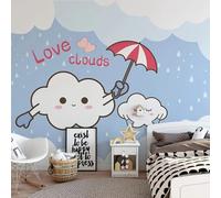 XLMING Cartoon Hand Drawn Cute White Clouds Raining Umbrella 3D Papier Peint Texture Soyeuse Intissé Salle à Manger Bureau D'étude Canapé Chambre Salon TV Mur-430cm×300cm
