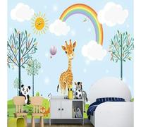 XLMING Cartoon Mignon Arc En Ciel Girafe Zèbre Grand Arbre 3D Papier Peint Texture Soyeuse Intissé Salle à Manger Bureau D'étude Canapé Chambre Salon TV Mur-300cm×210cm