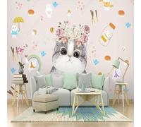 XLMING Cartoon Mignon Chaton Fleurs Arc En Ciel Ours 3D Papier Peint Premium Texturé Soie Bureau Salle à Manger Salon Chambre Coucher Canapé TV Mur-200cm×140cm