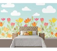 XLMING Cartoon Simple Plants Flowers White Clouds Papier Peint 3D Soie Texturée Haut De Gamme Salon Canapé Chambre À Coucher Salle Manger Murale-400cm×280cm