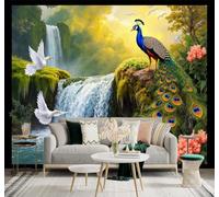 XLMING Cascade Paon Oiseaux Blancs En Vol Fleurs Roses Pays De Rêve 3D Papier Peint Premium Texturé Soie Bureau Salle à Manger Salon Chambre Coucher Canapé TV Mur-250cm×170cm