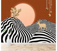 XLMING Cerf Doré Abstrait Rayures Noires Et Blanches Collines Coucher De Soleil 3D Papier Peint Texture Soyeuse Intissé Salle à Manger Bureau Canapé Chambre Salon TV Mur-350cm×256cm