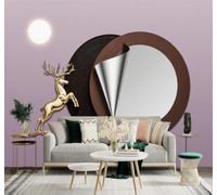 XLMING Cerf Doré Lune Abstrait Cercles Géométriques Art 3D Papier Peint Texture Soyeuse Intissé Salle à Manger Bureau Canapé Chambre Salon TV Mur-150cm×105cm