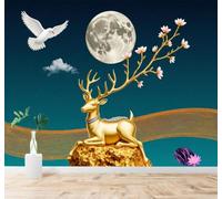 XLMING Cerf Doré Lune Fleurs Ciel Nocturne Colombe 3D Papier Peint Premium Texturé Soie Bureau Salle à Manger Salon Chambre Coucher Canapé TV Mur-400cm×280cm